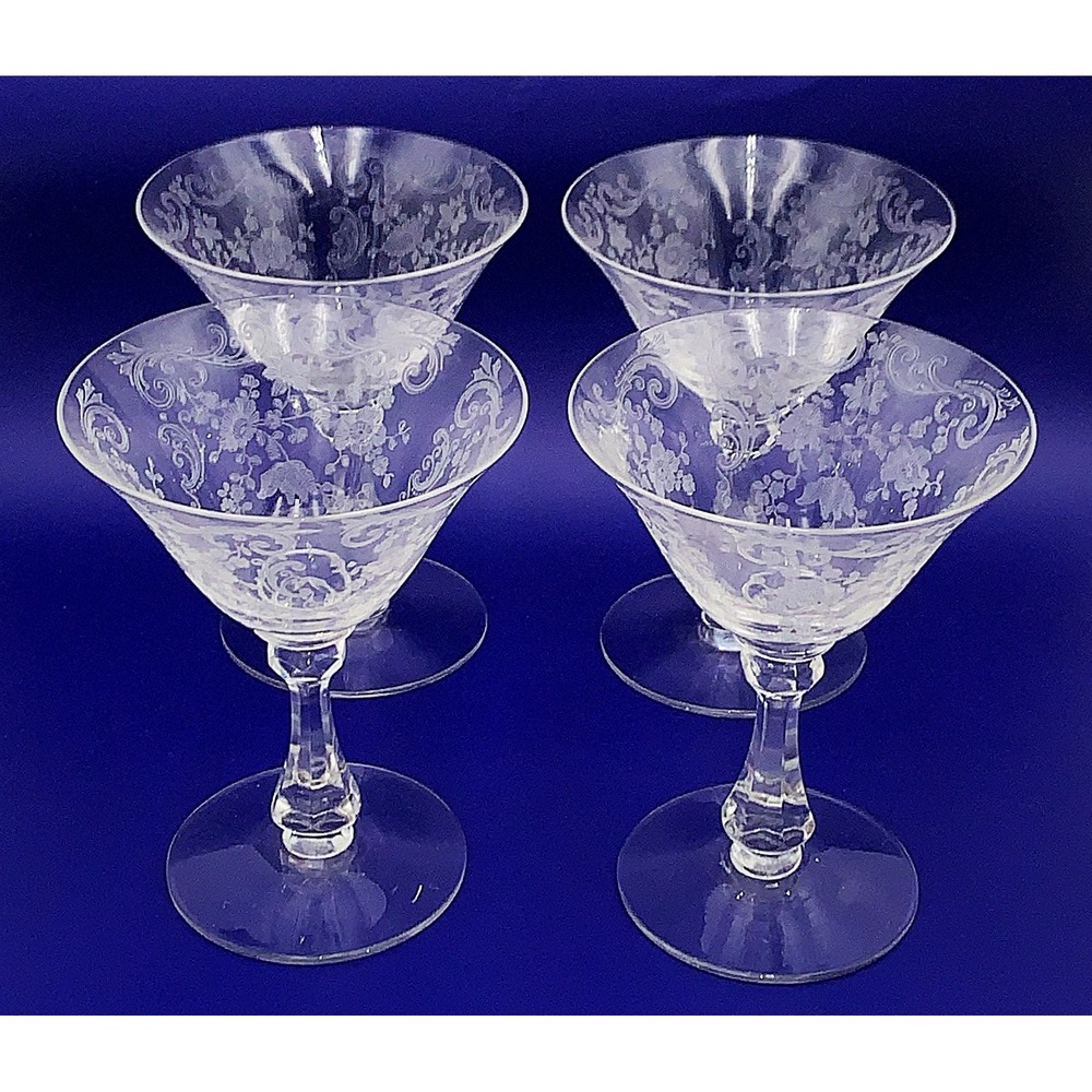 4 Cambridge Chantilly Etch Crystal Champagne / High Dessert 3775 Stem Vintage